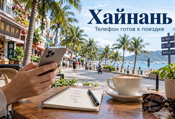 Телефон и записная книжка на фоне условной улицы Саньи, AI-обложка памятки о Хайнане