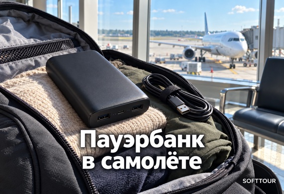 Пауэрбанк и отключенный кабель в ручной клади перед посадкой в самолет